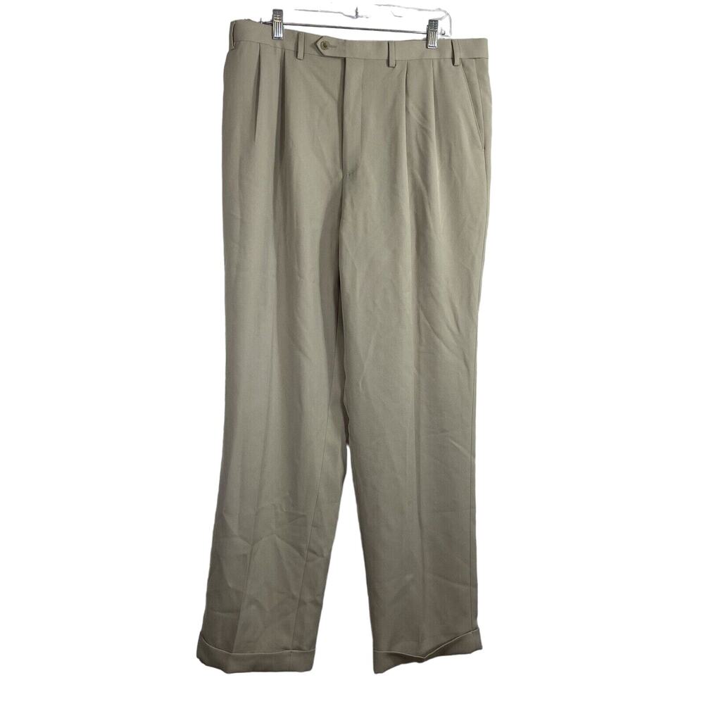 Ralph Lauren Mens Pants Sz 37x33 Beige Khaki Pleated Polyester Cuffed Trousers